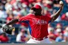 Philadelphia Phillies starting pitcher Dontrelle Willis pitches in the sixth inning of the game against the Houston Astros at Bright House Field. Mandatory Credit: Daniel Shirey-US PRESSWIRE